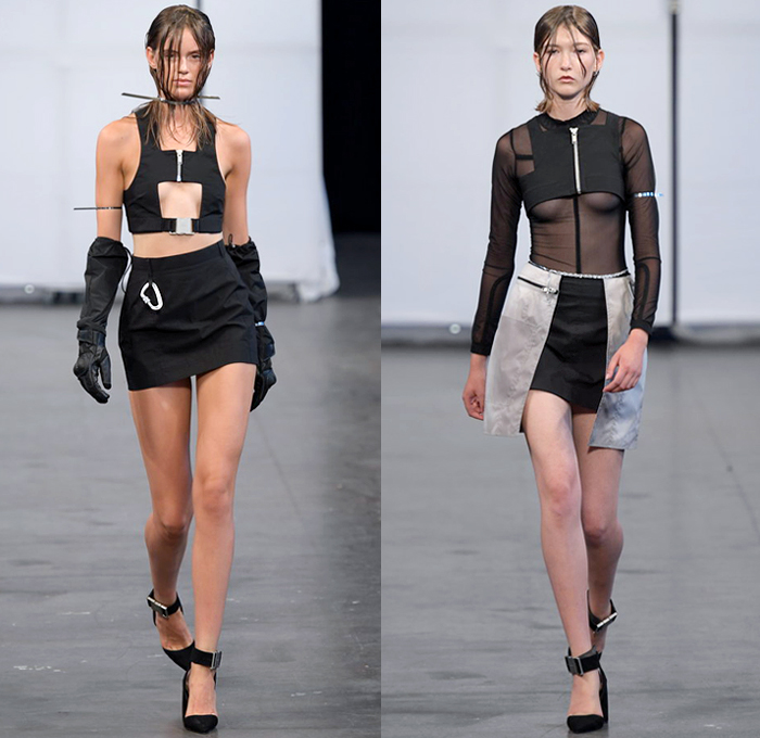 Heliot Emil 2019 Spring Summer Womens Runway Catwalk Looks - Copenhagen Fashion Week Denmark CPHFW København - Referential Transparency Deconstructed Hybrid Sportswear Athleisure Trackwear Nylon Carabiner Harness Straps Buckle Sheer Panels Jacket Anorak Cutout Crop Top Turtleneck Bandeau Furry Sleeves Knit Compression Shorts Miniskirt Asymmetrical Wrap Cargo Pockets Handkerchief Mullet High-Low Hem Wide Leg Fanny Pack Waist Pouch Bum Bag Knee High Boots Trainers Gloves Heels Zipties