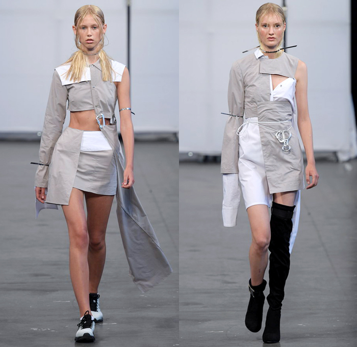 Heliot Emil 2019 Spring Summer Womens Runway Catwalk Looks - Copenhagen Fashion Week Denmark CPHFW København - Referential Transparency Deconstructed Hybrid Sportswear Athleisure Trackwear Nylon Carabiner Harness Straps Buckle Sheer Panels Jacket Anorak Cutout Crop Top Turtleneck Bandeau Furry Sleeves Knit Compression Shorts Miniskirt Asymmetrical Wrap Cargo Pockets Handkerchief Mullet High-Low Hem Wide Leg Fanny Pack Waist Pouch Bum Bag Knee High Boots Trainers Gloves Heels Zipties