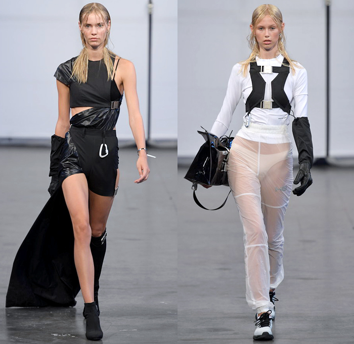 Heliot Emil 2019 Spring Summer Womens Runway Catwalk Looks - Copenhagen Fashion Week Denmark CPHFW København - Referential Transparency Deconstructed Hybrid Sportswear Athleisure Trackwear Nylon Carabiner Harness Straps Buckle Sheer Panels Jacket Anorak Cutout Crop Top Turtleneck Bandeau Furry Sleeves Knit Compression Shorts Miniskirt Asymmetrical Wrap Cargo Pockets Handkerchief Mullet High-Low Hem Wide Leg Fanny Pack Waist Pouch Bum Bag Knee High Boots Trainers Gloves Heels Zipties