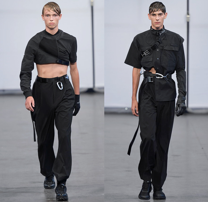 Heliot Emil 2019 Spring Summer Mens Runway Catwalk Looks - Copenhagen Fashion Week Denmark CPHFW København - Referential Transparency Deconstructed Hybrid Sportswear Athleisure Trackwear Nylon Carabiner Harness Straps Buckle Sheer Panels Jacket Anorak Cutout Crop Top Turtleneck Bandeau Furry Sleeves Knit Compression Shorts Miniskirt Asymmetrical Wrap Cargo Pockets Handkerchief Mullet High-Low Hem Wide Leg Fanny Pack Waist Pouch Bum Bag Knee High Boots Trainers Gloves Heels Zipties