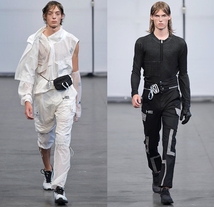 Heliot Emil 2019 Spring Summer Mens Runway Catwalk Looks - Copenhagen Fashion Week Denmark CPHFW København - Referential Transparency Deconstructed Hybrid Sportswear Athleisure Trackwear Nylon Carabiner Harness Straps Buckle Sheer Panels Jacket Anorak Cutout Crop Top Turtleneck Bandeau Furry Sleeves Knit Compression Shorts Miniskirt Asymmetrical Wrap Cargo Pockets Handkerchief Mullet High-Low Hem Wide Leg Fanny Pack Waist Pouch Bum Bag Knee High Boots Trainers Gloves Heels Zipties