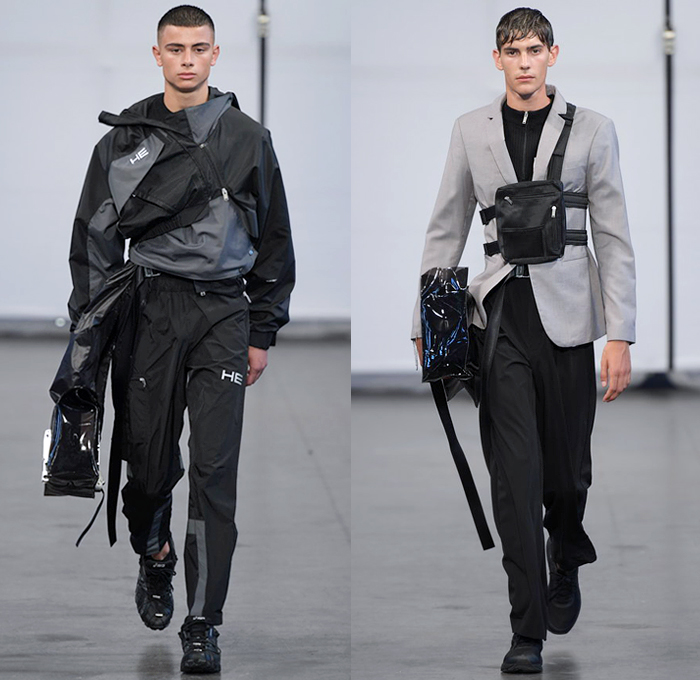 Heliot Emil 2019 Spring Summer Mens Runway Catwalk Looks - Copenhagen Fashion Week Denmark CPHFW København - Referential Transparency Deconstructed Hybrid Sportswear Athleisure Trackwear Nylon Carabiner Harness Straps Buckle Sheer Panels Jacket Anorak Cutout Crop Top Turtleneck Bandeau Furry Sleeves Knit Compression Shorts Miniskirt Asymmetrical Wrap Cargo Pockets Handkerchief Mullet High-Low Hem Wide Leg Fanny Pack Waist Pouch Bum Bag Knee High Boots Trainers Gloves Heels Zipties