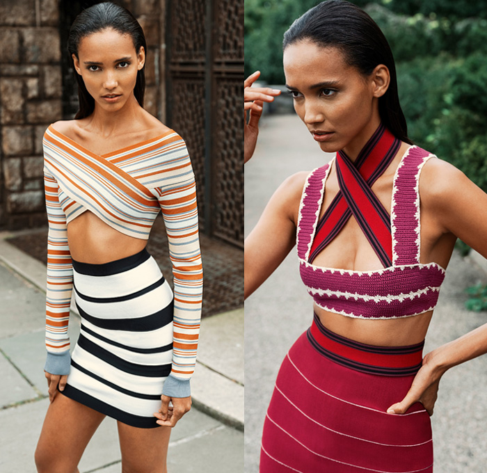 Hervé Léger 2019 Spring Summer Womens Lookbook Presentation Christian Juul Nielsen - New York Fashion Week NYFW - Cross Wrap Stripes Bandage Straps Bodycon Babydoll Dress Sweater Miniskirt Noodle Strap Knit Ruffles Fringes Halterneck Lace Needlework Cutwork Unitard Onesie Crop Top Midriff Sweater Gown Eveningwear