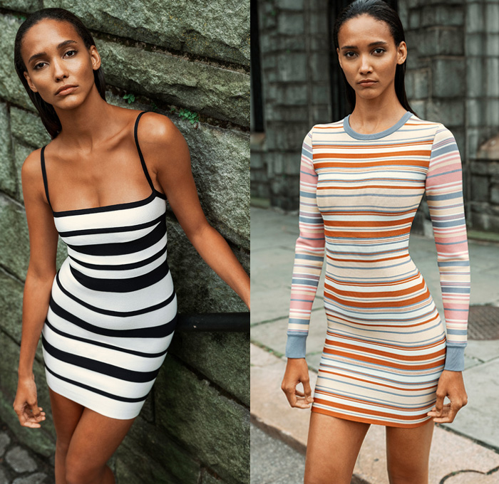 Hervé Léger 2019 Spring Summer Womens Lookbook Presentation Christian Juul Nielsen - New York Fashion Week NYFW - Cross Wrap Stripes Bandage Straps Bodycon Babydoll Dress Sweater Miniskirt Noodle Strap Knit Ruffles Fringes Halterneck Lace Needlework Cutwork Unitard Onesie Crop Top Midriff Sweater Gown Eveningwear