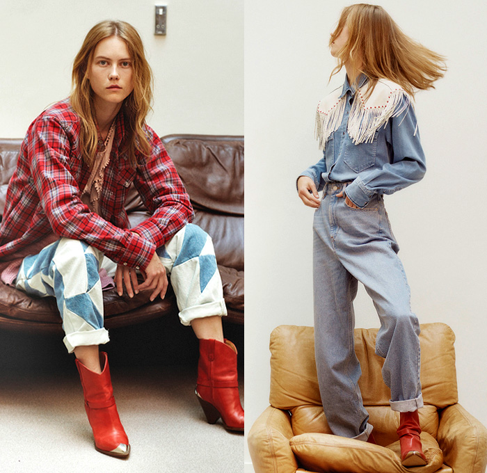Isabel Marant Étoile 2019 Spring Summer Womens Lookbook Presentation - Western Cowgirl Ruffles Plaid Check Fringes Pearls Flowers Floral Quilted Stripes Faded Denim Corduroy Jeans Patchwork Slouchy Trucker Jacket Holes Frayed Hooded Sweatshirt Long Sleeve Shirt Blouse Turtleneck Leg O'Mutton Sleeves Knit Sweater Wide Belt Onesie Jumpsuit Coveralls Tiered Miniskirt Leggings Tights Snakeskin Cowboy Boots Trainers Running Shoes Sneakers Utility Bag