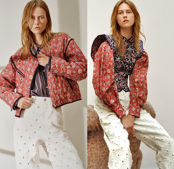 Isabel Marant Étoile 2019 Spring Summer Womens Lookbook Presentation - Western Cowgirl Ruffles Plaid Check Fringes Pearls Flowers Floral Quilted Stripes Faded Denim Corduroy Jeans Patchwork Slouchy Trucker Jacket Holes Frayed Hooded Sweatshirt Long Sleeve Shirt Blouse Turtleneck Leg O'Mutton Sleeves Knit Sweater Wide Belt Onesie Jumpsuit Coveralls Tiered Miniskirt Leggings Tights Snakeskin Cowboy Boots Trainers Running Shoes Sneakers Utility Bag