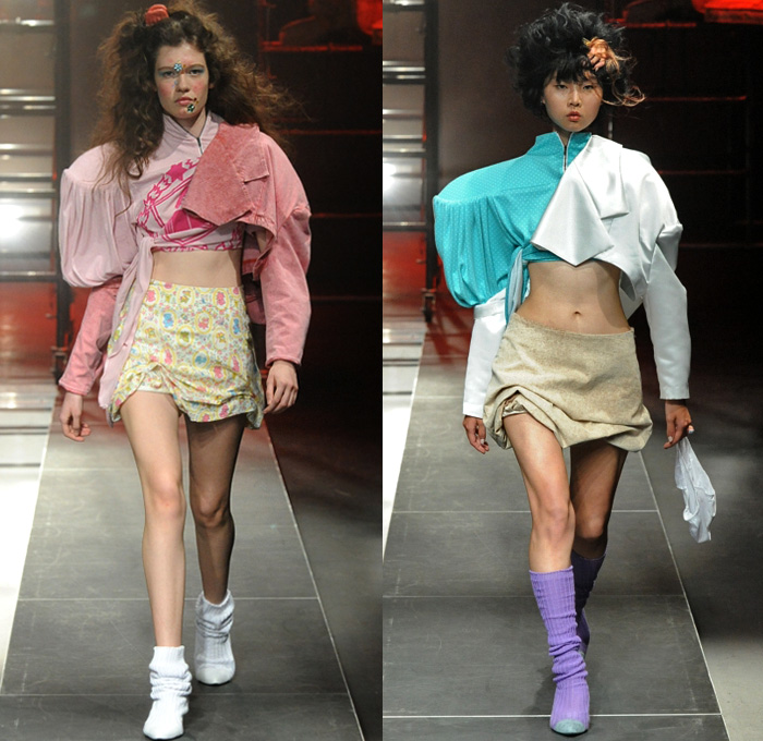 Jenny Fax by Shueh Jen-Fang 2019 Spring Summer Womens Runway Catwalk Looks - Amazon Fashion Week Tokyo Japan AmazonFWT - Deconstructed Hybrid Combo Panels Oversized Frankenstein Padded Poufy Shoulders Crop Top Midriff Teddy Bear Cuddly Flowers Floral Print Stripes Cutout Panty Denim Peacoat Jeans Cutoffs Polka Dots Satin Clown Strapless Dress Big Bra Cups Bicycle Cycling Compression Tights Spandex Shorts Racing Check Shirtdress Oversleeve Miniskirt Sock Boots