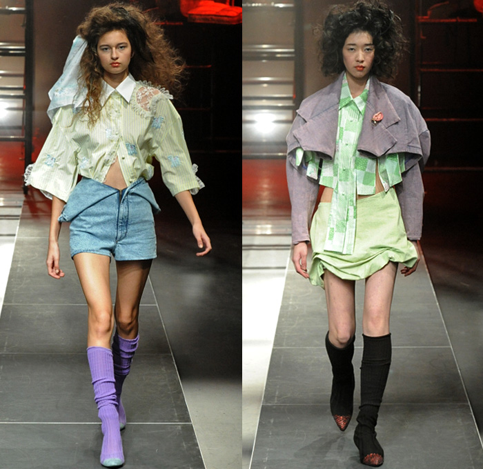 Jenny Fax by Shueh Jen-Fang 2019 Spring Summer Womens Runway Catwalk Looks - Amazon Fashion Week Tokyo Japan AmazonFWT - Deconstructed Hybrid Combo Panels Oversized Frankenstein Padded Poufy Shoulders Crop Top Midriff Teddy Bear Cuddly Flowers Floral Print Stripes Cutout Panty Denim Peacoat Jeans Cutoffs Polka Dots Satin Clown Strapless Dress Big Bra Cups Bicycle Cycling Compression Tights Spandex Shorts Racing Check Shirtdress Oversleeve Miniskirt Sock Boots