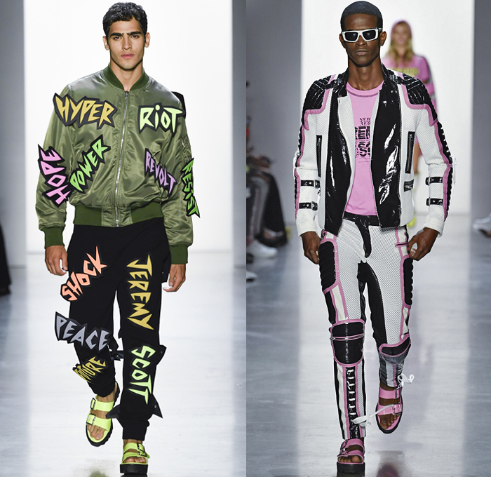 Jeremy Scott 2019 Spring Summer Mens Runway Catwalk Looks Collection New York Fashion Week NYFW - Revolt Resist Pop Art Motorcycle Biker Bomber Jacket Sweater Pikachu Pokemon NBA Team Logos Hoodie Sweatshirt Jogger Sweatpants Mesh Tulle Tartan Plaid Lace Camouflage Patchwork Denim Jeans Shorts Boots Sandals