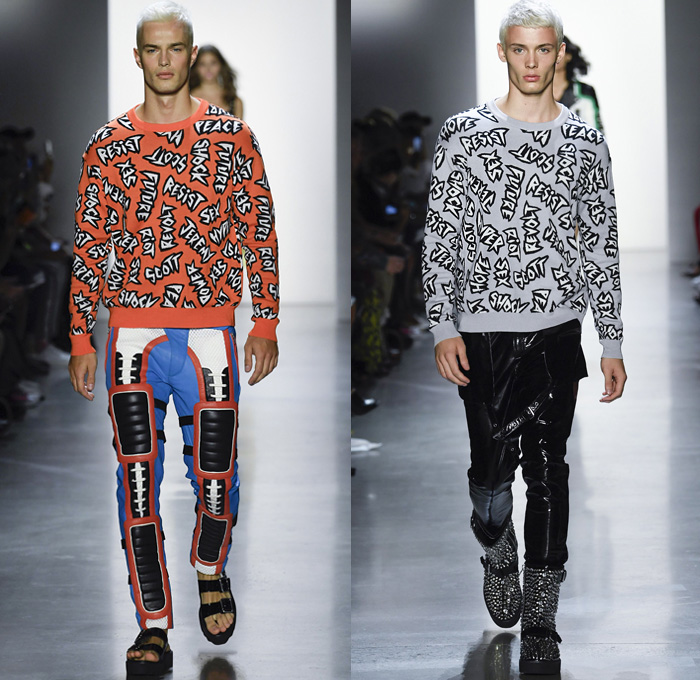 Jeremy Scott 2019 Spring Summer Mens Runway Catwalk Looks Collection New York Fashion Week NYFW - Revolt Resist Pop Art Motorcycle Biker Bomber Jacket Sweater Pikachu Pokemon NBA Team Logos Hoodie Sweatshirt Jogger Sweatpants Mesh Tulle Tartan Plaid Lace Camouflage Patchwork Denim Jeans Shorts Boots Sandals