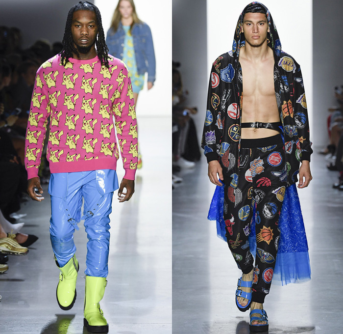 Jeremy Scott 2019 Spring Summer Mens Runway Catwalk Looks Collection New York Fashion Week NYFW - Revolt Resist Pop Art Motorcycle Biker Bomber Jacket Sweater Pikachu Pokemon NBA Team Logos Hoodie Sweatshirt Jogger Sweatpants Mesh Tulle Tartan Plaid Lace Camouflage Patchwork Denim Jeans Shorts Boots Sandals