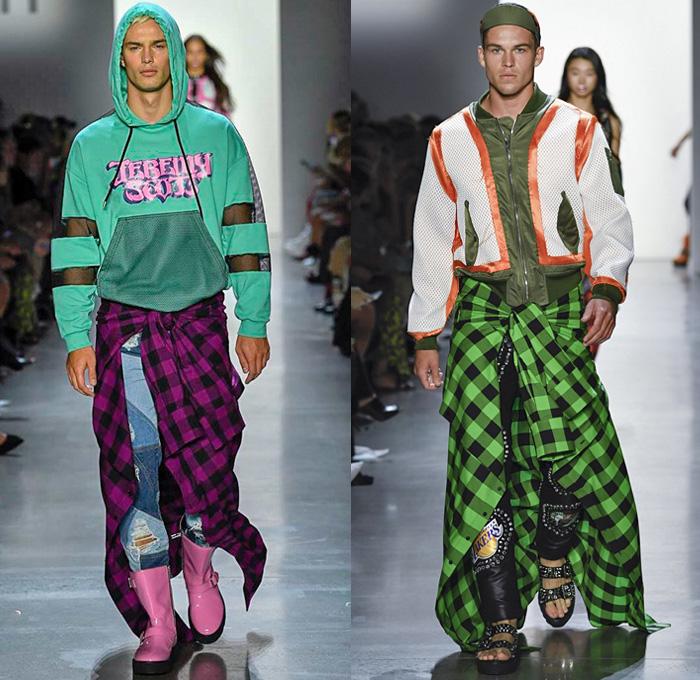 Jeremy Scott 2019 Spring Summer Mens Runway Catwalk Looks Collection New York Fashion Week NYFW - Revolt Resist Pop Art Motorcycle Biker Bomber Jacket Sweater Pikachu Pokemon NBA Team Logos Hoodie Sweatshirt Jogger Sweatpants Mesh Tulle Tartan Plaid Lace Camouflage Patchwork Denim Jeans Shorts Boots Sandals