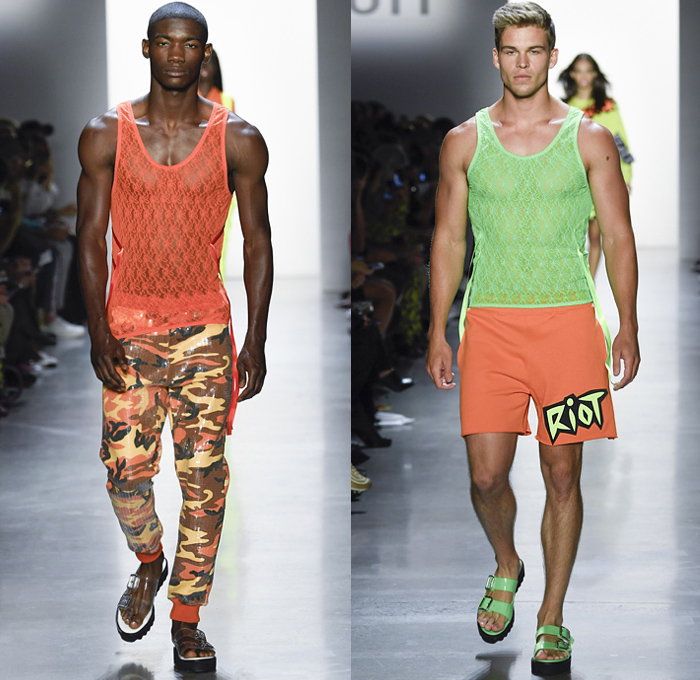 Jeremy Scott 2019 Spring Summer Mens Runway Catwalk Looks Collection New York Fashion Week NYFW - Revolt Resist Pop Art Motorcycle Biker Bomber Jacket Sweater Pikachu Pokemon NBA Team Logos Hoodie Sweatshirt Jogger Sweatpants Mesh Tulle Tartan Plaid Lace Camouflage Patchwork Denim Jeans Shorts Boots Sandals