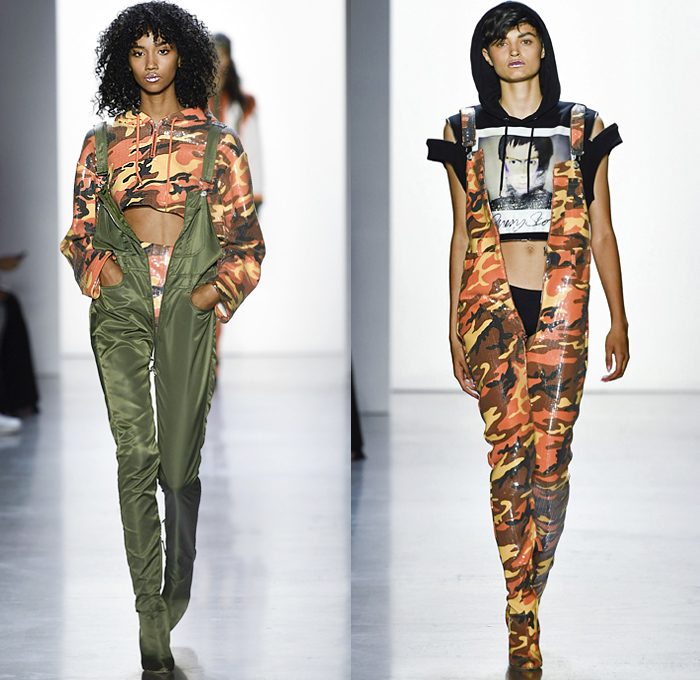 Jeremy Scott 2019 Spring Summer Womens Runway Catwalk Looks Collection New York Fashion Week NYFW - Revolt Resist Pop Art Motorcycle Biker Lace Up Bomber Jacket Sweater Jumpsuit Coveralls PVC Crop Top Pikachu Pokemon NBA Team Logos Hoodie Sweaterdress Jogger Sweatpants Mesh Tulle Tutu Check Plaid Lace Camouflage Zipper Cutout Patchwork Denim Jeans Patchwork Hotpants Shorts Streetwear Polaroids Bedazzled Crystals Boots