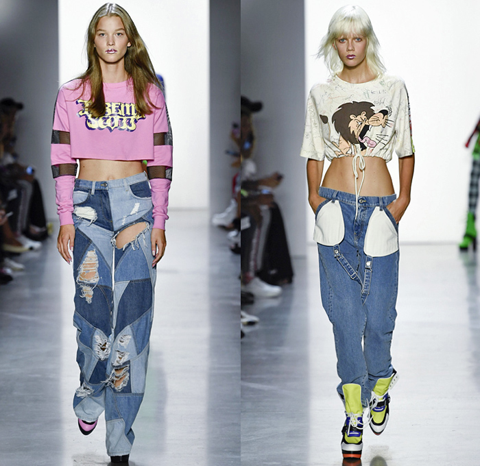 Jeremy Scott 2019 Spring Summer Womens Runway Catwalk Looks Collection New York Fashion Week NYFW - Revolt Resist Pop Art Motorcycle Biker Lace Up Bomber Jacket Sweater Jumpsuit Coveralls PVC Crop Top Pikachu Pokemon NBA Team Logos Hoodie Sweaterdress Jogger Sweatpants Mesh Tulle Tutu Check Plaid Lace Camouflage Zipper Cutout Patchwork Denim Jeans Patchwork Hotpants Shorts Streetwear Polaroids Bedazzled Crystals Boots