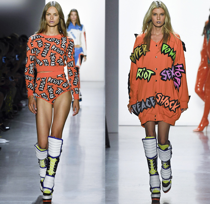 Jeremy Scott 2019 Spring Summer Womens Runway Catwalk Looks Collection New York Fashion Week NYFW - Revolt Resist Pop Art Motorcycle Biker Lace Up Bomber Jacket Sweater Jumpsuit Coveralls PVC Crop Top Pikachu Pokemon NBA Team Logos Hoodie Sweaterdress Jogger Sweatpants Mesh Tulle Tutu Check Plaid Lace Camouflage Zipper Cutout Patchwork Denim Jeans Patchwork Hotpants Shorts Streetwear Polaroids Bedazzled Crystals Boots