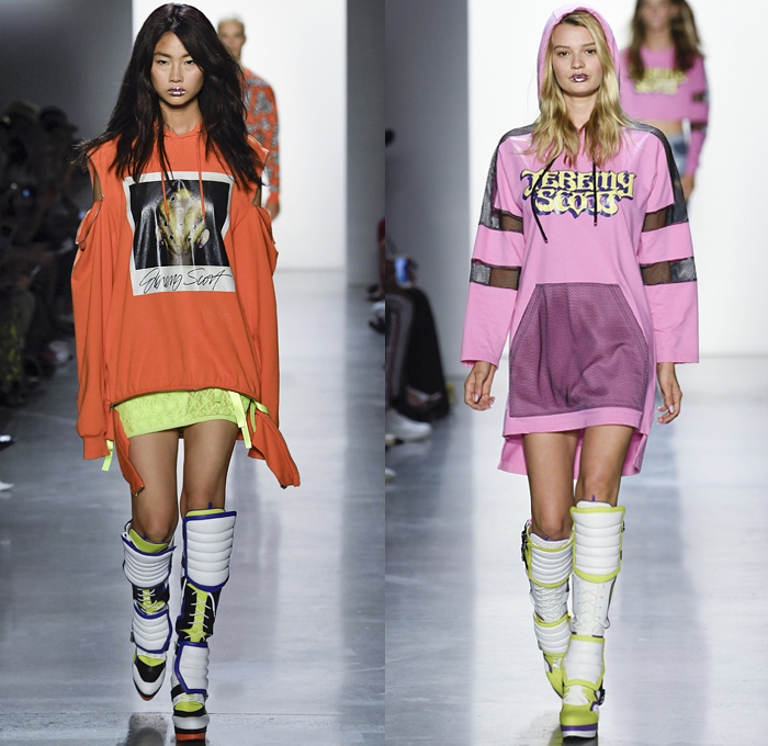 Jeremy Scott 2019 Spring Summer Womens Runway Catwalk Looks Collection New York Fashion Week NYFW - Revolt Resist Pop Art Motorcycle Biker Lace Up Bomber Jacket Sweater Jumpsuit Coveralls PVC Crop Top Pikachu Pokemon NBA Team Logos Hoodie Sweaterdress Jogger Sweatpants Mesh Tulle Tutu Check Plaid Lace Camouflage Zipper Cutout Patchwork Denim Jeans Patchwork Hotpants Shorts Streetwear Polaroids Bedazzled Crystals Boots