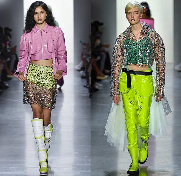 Jeremy Scott 2019 Spring Summer Womens Runway Catwalk Looks Collection New York Fashion Week NYFW - Revolt Resist Pop Art Motorcycle Biker Lace Up Bomber Jacket Sweater Jumpsuit Coveralls PVC Crop Top Pikachu Pokemon NBA Team Logos Hoodie Sweaterdress Jogger Sweatpants Mesh Tulle Tutu Check Plaid Lace Camouflage Zipper Cutout Patchwork Denim Jeans Patchwork Hotpants Shorts Streetwear Polaroids Bedazzled Crystals Boots