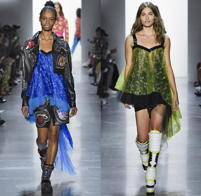 Jeremy Scott 2019 Spring Summer Womens Runway Catwalk Looks Collection New York Fashion Week NYFW - Revolt Resist Pop Art Motorcycle Biker Lace Up Bomber Jacket Sweater Jumpsuit Coveralls PVC Crop Top Pikachu Pokemon NBA Team Logos Hoodie Sweaterdress Jogger Sweatpants Mesh Tulle Tutu Check Plaid Lace Camouflage Zipper Cutout Patchwork Denim Jeans Patchwork Hotpants Shorts Streetwear Polaroids Bedazzled Crystals Boots