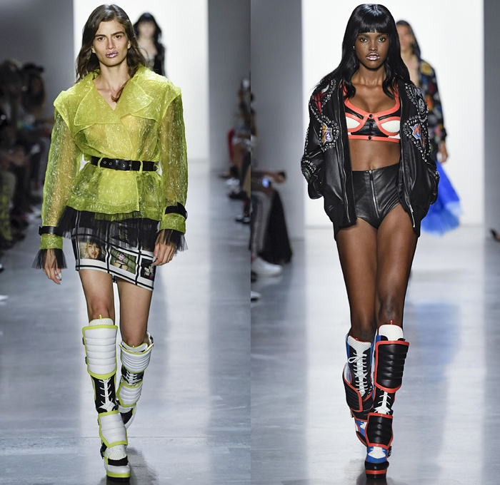 Jeremy Scott 2019 Spring Summer Womens Runway Catwalk Looks Collection New York Fashion Week NYFW - Revolt Resist Pop Art Motorcycle Biker Lace Up Bomber Jacket Sweater Jumpsuit Coveralls PVC Crop Top Pikachu Pokemon NBA Team Logos Hoodie Sweaterdress Jogger Sweatpants Mesh Tulle Tutu Check Plaid Lace Camouflage Zipper Cutout Patchwork Denim Jeans Patchwork Hotpants Shorts Streetwear Polaroids Bedazzled Crystals Boots