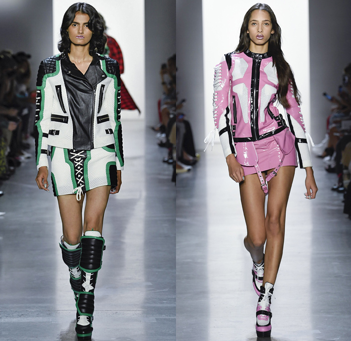 Jeremy Scott 2019 Spring Summer Womens Runway Catwalk Looks Collection New York Fashion Week NYFW - Revolt Resist Pop Art Motorcycle Biker Lace Up Bomber Jacket Sweater Jumpsuit Coveralls PVC Crop Top Pikachu Pokemon NBA Team Logos Hoodie Sweaterdress Jogger Sweatpants Mesh Tulle Tutu Check Plaid Lace Camouflage Zipper Cutout Patchwork Denim Jeans Patchwork Hotpants Shorts Streetwear Polaroids Bedazzled Crystals Boots