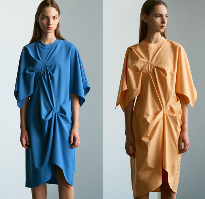 Ji Oh 2019 Spring Summer Womens Lookbook Presentation - Geometric Cinched Folds Asymmetrical Deconstructed Polka Dots Buttons Stripes Accordion Pleats Belts Shoulder Straps Plaid Check Herringbone Corduroy Knit Crochet Weave Outerwear Trench Coat Shirtdress Shirting Tailoring Reverse Collar Cutout Shoulders Long Sleeve Blouse Halter Top Leg O'Mutton Sleeves V-Neck Crop Top Midriff Elongated Sleeves Dress Midi Skirt Slim Pants