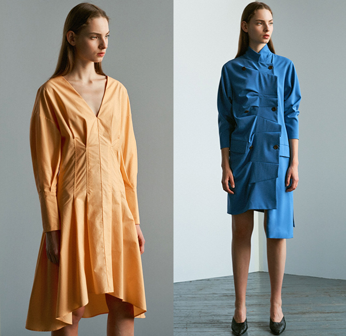 Ji Oh 2019 Spring Summer Womens Lookbook Presentation - Geometric Cinched Folds Asymmetrical Deconstructed Polka Dots Buttons Stripes Accordion Pleats Belts Shoulder Straps Plaid Check Herringbone Corduroy Knit Crochet Weave Outerwear Trench Coat Shirtdress Shirting Tailoring Reverse Collar Cutout Shoulders Long Sleeve Blouse Halter Top Leg O'Mutton Sleeves V-Neck Crop Top Midriff Elongated Sleeves Dress Midi Skirt Slim Pants