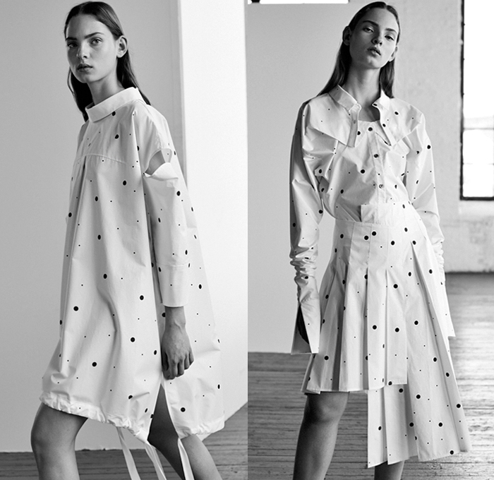 Ji Oh 2019 Spring Summer Womens Lookbook Presentation - Geometric Cinched Folds Asymmetrical Deconstructed Polka Dots Buttons Stripes Accordion Pleats Belts Shoulder Straps Plaid Check Herringbone Corduroy Knit Crochet Weave Outerwear Trench Coat Shirtdress Shirting Tailoring Reverse Collar Cutout Shoulders Long Sleeve Blouse Halter Top Leg O'Mutton Sleeves V-Neck Crop Top Midriff Elongated Sleeves Dress Midi Skirt Slim Pants