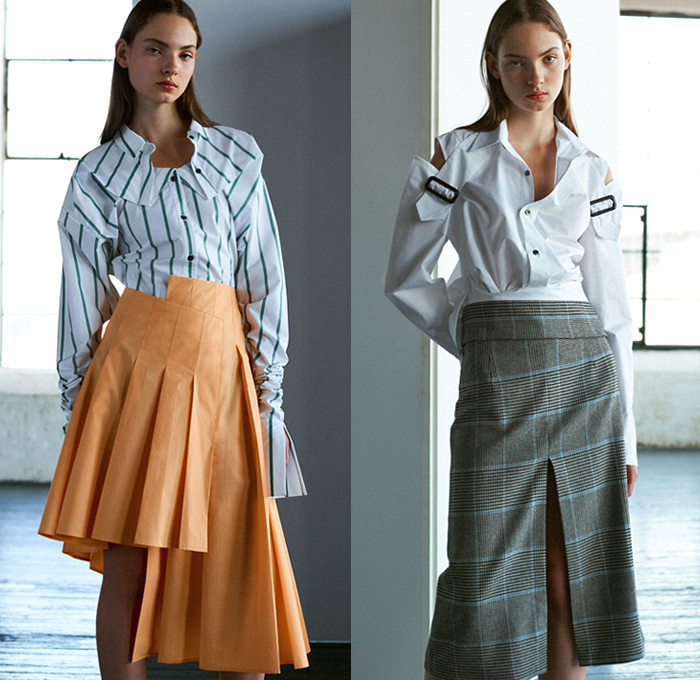 Ji Oh 2019 Spring Summer Womens Lookbook Presentation - Geometric Cinched Folds Asymmetrical Deconstructed Polka Dots Buttons Stripes Accordion Pleats Belts Shoulder Straps Plaid Check Herringbone Corduroy Knit Crochet Weave Outerwear Trench Coat Shirtdress Shirting Tailoring Reverse Collar Cutout Shoulders Long Sleeve Blouse Halter Top Leg O'Mutton Sleeves V-Neck Crop Top Midriff Elongated Sleeves Dress Midi Skirt Slim Pants