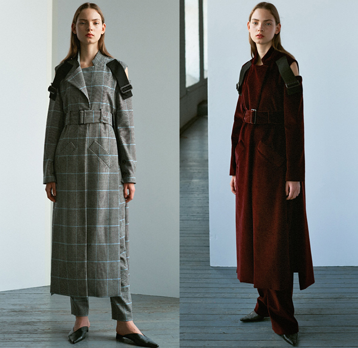 Ji Oh 2019 Spring Summer Womens Lookbook Presentation - Geometric Cinched Folds Asymmetrical Deconstructed Polka Dots Buttons Stripes Accordion Pleats Belts Shoulder Straps Plaid Check Herringbone Corduroy Knit Crochet Weave Outerwear Trench Coat Shirtdress Shirting Tailoring Reverse Collar Cutout Shoulders Long Sleeve Blouse Halter Top Leg O'Mutton Sleeves V-Neck Crop Top Midriff Elongated Sleeves Dress Midi Skirt Slim Pants