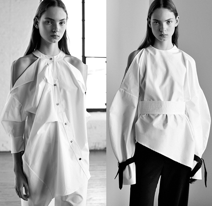 Ji Oh 2019 Spring Summer Womens Lookbook Presentation - Geometric Cinched Folds Asymmetrical Deconstructed Polka Dots Buttons Stripes Accordion Pleats Belts Shoulder Straps Plaid Check Herringbone Corduroy Knit Crochet Weave Outerwear Trench Coat Shirtdress Shirting Tailoring Reverse Collar Cutout Shoulders Long Sleeve Blouse Halter Top Leg O'Mutton Sleeves V-Neck Crop Top Midriff Elongated Sleeves Dress Midi Skirt Slim Pants