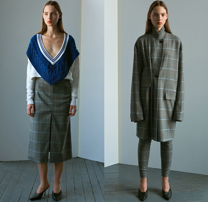 Ji Oh 2019 Spring Summer Womens Lookbook Presentation - Geometric Cinched Folds Asymmetrical Deconstructed Polka Dots Buttons Stripes Accordion Pleats Belts Shoulder Straps Plaid Check Herringbone Corduroy Knit Crochet Weave Outerwear Trench Coat Shirtdress Shirting Tailoring Reverse Collar Cutout Shoulders Long Sleeve Blouse Halter Top Leg O'Mutton Sleeves V-Neck Crop Top Midriff Elongated Sleeves Dress Midi Skirt Slim Pants