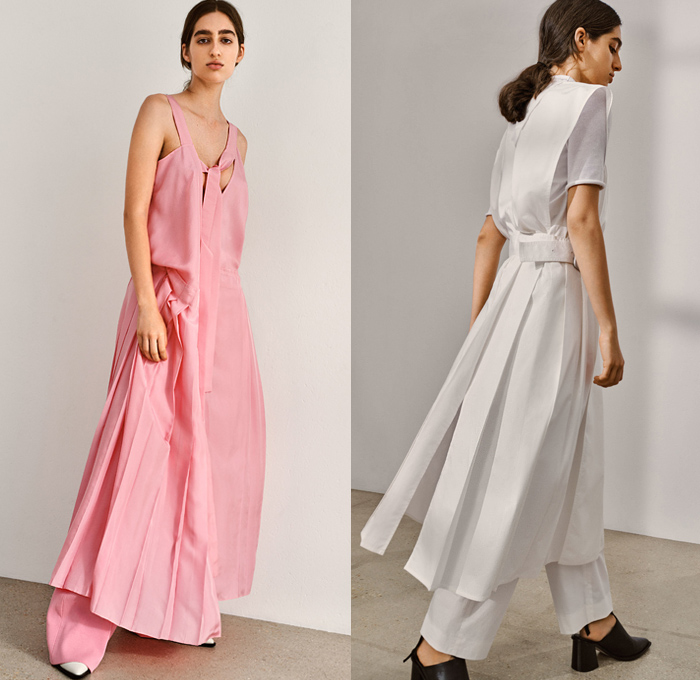 Joseph 2019 Spring Summer Womens Lookbook Presentation - Mode à Paris Fashion Week France - Outerwear Trench Coat Overcoat Contrast Stitch Blazer Crop Top Long Sleeve Shirt Blouse Wide Leg Flare Trousers Handmaid Dress Accordion Pleats Tie Up Knot