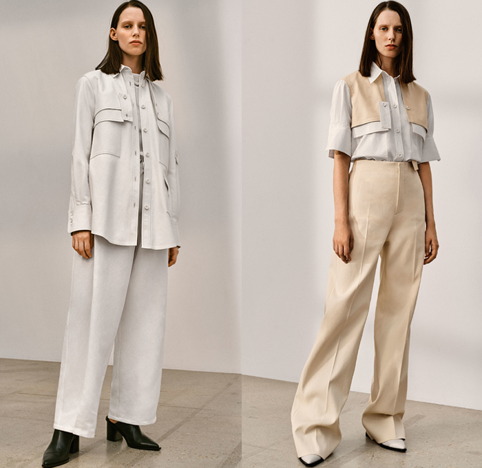 Joseph 2019 Spring Summer Womens Lookbook Presentation - Mode à Paris Fashion Week France - Outerwear Trench Coat Overcoat Contrast Stitch Blazer Crop Top Long Sleeve Shirt Blouse Wide Leg Flare Trousers Handmaid Dress Accordion Pleats Tie Up Knot