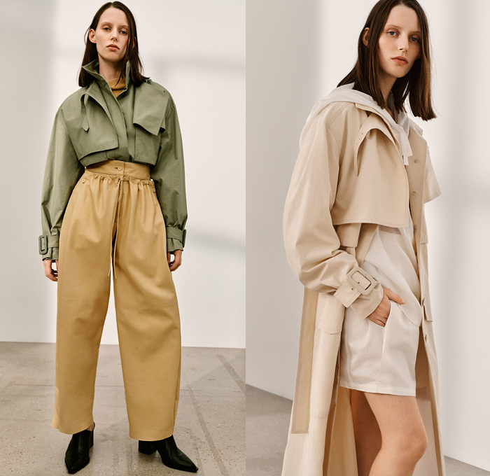 Joseph 2019 Spring Summer Womens Lookbook Presentation - Mode à Paris Fashion Week France - Outerwear Trench Coat Overcoat Contrast Stitch Blazer Crop Top Long Sleeve Shirt Blouse Wide Leg Flare Trousers Handmaid Dress Accordion Pleats Tie Up Knot