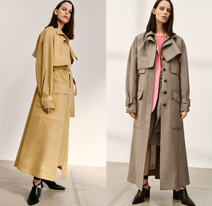 Joseph 2019 Spring Summer Womens Lookbook Presentation - Mode à Paris Fashion Week France - Outerwear Trench Coat Overcoat Contrast Stitch Blazer Crop Top Long Sleeve Shirt Blouse Wide Leg Flare Trousers Handmaid Dress Accordion Pleats Tie Up Knot