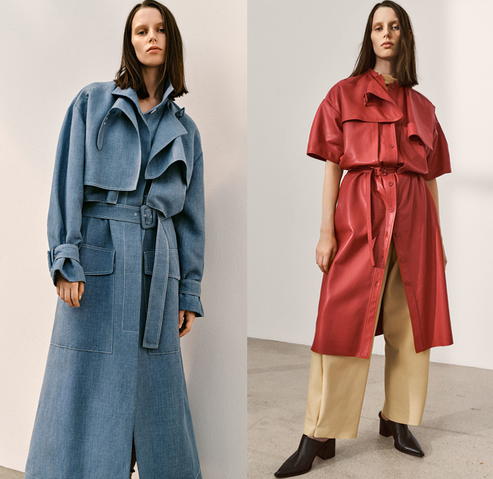 Joseph 2019 Spring Summer Womens Lookbook Presentation - Mode à Paris Fashion Week France - Outerwear Trench Coat Overcoat Contrast Stitch Blazer Crop Top Long Sleeve Shirt Blouse Wide Leg Flare Trousers Handmaid Dress Accordion Pleats Tie Up Knot