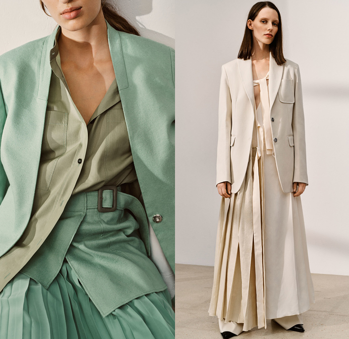 Joseph 2019 Spring Summer Womens Lookbook Presentation - Mode à Paris Fashion Week France - Outerwear Trench Coat Overcoat Contrast Stitch Blazer Crop Top Long Sleeve Shirt Blouse Wide Leg Flare Trousers Handmaid Dress Accordion Pleats Tie Up Knot