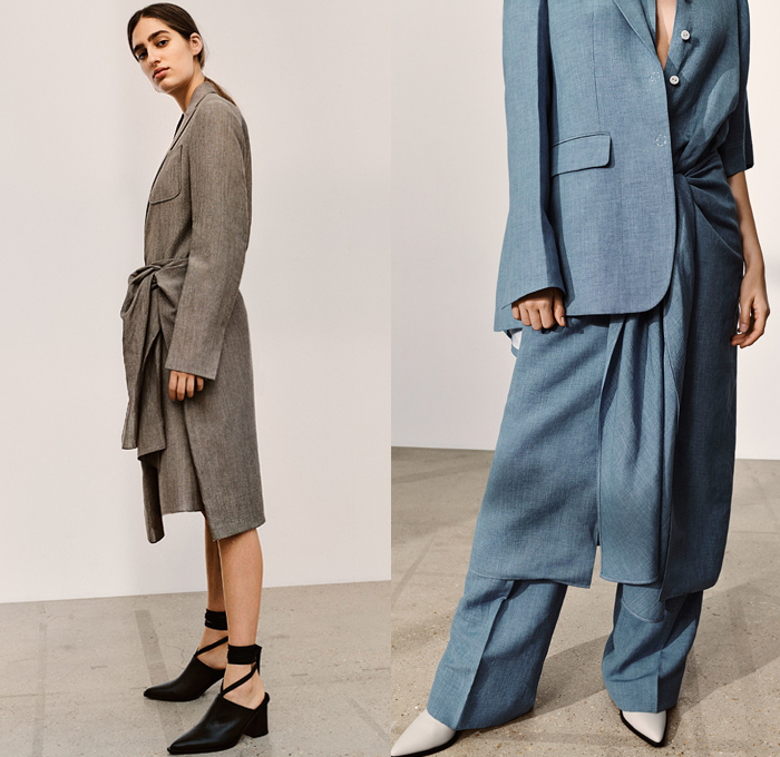 Joseph 2019 Spring Summer Womens Lookbook Presentation - Mode à Paris Fashion Week France - Outerwear Trench Coat Overcoat Contrast Stitch Blazer Crop Top Long Sleeve Shirt Blouse Wide Leg Flare Trousers Handmaid Dress Accordion Pleats Tie Up Knot