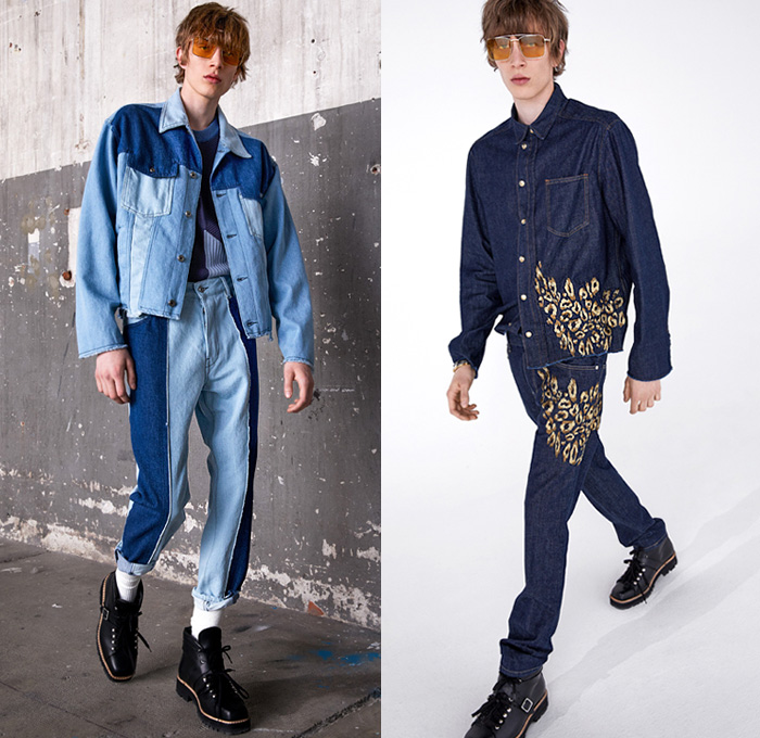 Just Cavalli 2019 Spring Summer Mens Lookbook Presentation Milan Fashion Week Mens MFW Milano Moda Uomo - Printed Painted Denim Jeans Patchwork TaperedTuxedo Stripe Leg Panels Leopard Cheetah Snakeskin Graphic Embroidery Bedazzled Studded Outerwear Trench Coat Quilted Puffer Bubble Hooded Motorcycle Biker Bomber Jacket Long Sleeve Shirt Knit Sweater Jumper  Worker Boots