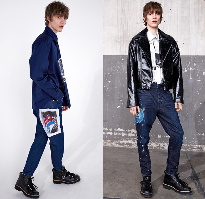 Just Cavalli 2019 Spring Summer Mens Lookbook Presentation Milan Fashion Week Mens MFW Milano Moda Uomo - Printed Painted Denim Jeans Patchwork TaperedTuxedo Stripe Leg Panels Leopard Cheetah Snakeskin Graphic Embroidery Bedazzled Studded Outerwear Trench Coat Quilted Puffer Bubble Hooded Motorcycle Biker Bomber Jacket Long Sleeve Shirt Knit Sweater Jumper  Worker Boots