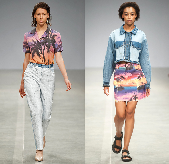 Ksenia Schnaider 2019 Spring Summer Womens Runway Catwalk Looks Collection - Ukrainian Fashion Week Kiev Ukraine UFW - Cargo Utility Pockets Denim Jeans Jorts Cutoffs Frayed Destroyed Inside Out Vest Bomber Jacket Dress Crop Top Midriff Strapless Pencil Skirt Patchwork Wide Leg Slit Hem Jogger Sweatpants Belt Tropical Palm Trees Coconut Beach Island Print Graphic Leopard Shaggy Plastic Raincoat Shirtdress Knot Blouse Sweater Miniskirt Dolphin Hem Sandals