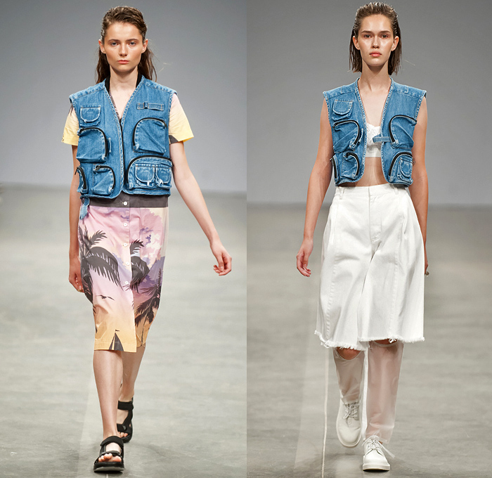 Ksenia Schnaider 2019 Spring Summer Womens Runway Catwalk Looks Collection - Ukrainian Fashion Week Kiev Ukraine UFW - Cargo Utility Pockets Denim Jeans Jorts Cutoffs Frayed Destroyed Inside Out Vest Bomber Jacket Dress Crop Top Midriff Strapless Pencil Skirt Patchwork Wide Leg Slit Hem Jogger Sweatpants Belt Tropical Palm Trees Coconut Beach Island Print Graphic Leopard Shaggy Plastic Raincoat Shirtdress Knot Blouse Sweater Miniskirt Dolphin Hem Sandals