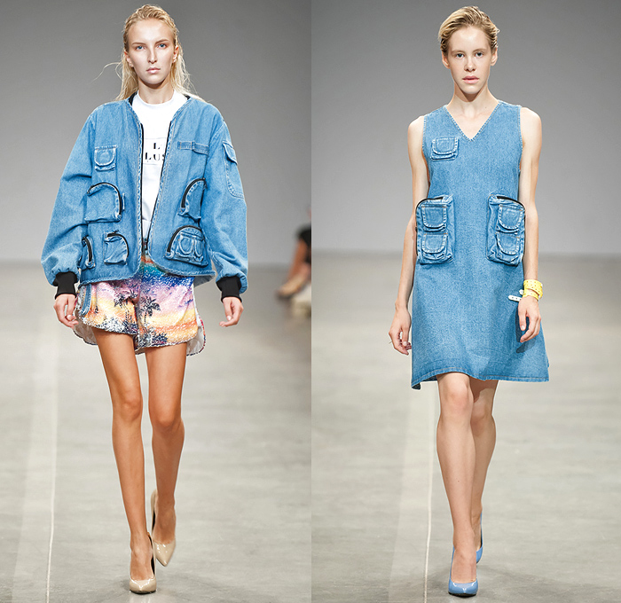 Ksenia Schnaider 2019 Spring Summer Womens Runway Catwalk Looks Collection - Ukrainian Fashion Week Kiev Ukraine UFW - Cargo Utility Pockets Denim Jeans Jorts Cutoffs Frayed Destroyed Inside Out Vest Bomber Jacket Dress Crop Top Midriff Strapless Pencil Skirt Patchwork Wide Leg Slit Hem Jogger Sweatpants Belt Tropical Palm Trees Coconut Beach Island Print Graphic Leopard Shaggy Plastic Raincoat Shirtdress Knot Blouse Sweater Miniskirt Dolphin Hem Sandals