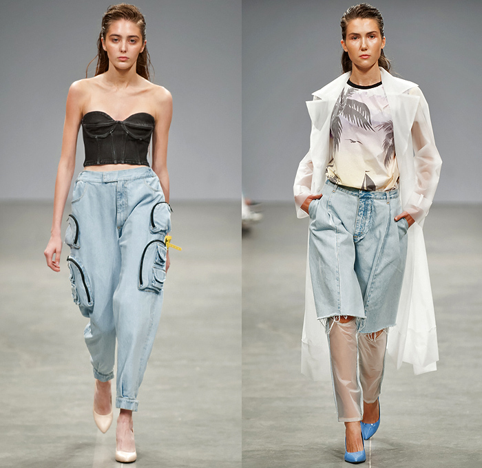 Ksenia Schnaider 2019 Spring Summer Womens Runway Catwalk Looks Collection - Ukrainian Fashion Week Kiev Ukraine UFW - Cargo Utility Pockets Denim Jeans Jorts Cutoffs Frayed Destroyed Inside Out Vest Bomber Jacket Dress Crop Top Midriff Strapless Pencil Skirt Patchwork Wide Leg Slit Hem Jogger Sweatpants Belt Tropical Palm Trees Coconut Beach Island Print Graphic Leopard Shaggy Plastic Raincoat Shirtdress Knot Blouse Sweater Miniskirt Dolphin Hem Sandals