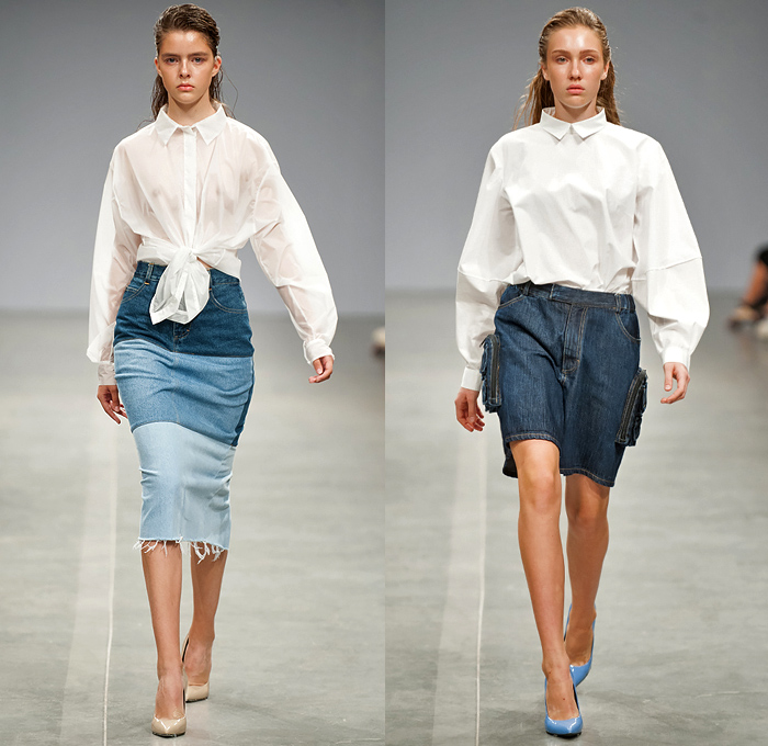 Ksenia Schnaider 2019 Spring Summer Womens Runway Catwalk Looks Collection - Ukrainian Fashion Week Kiev Ukraine UFW - Cargo Utility Pockets Denim Jeans Jorts Cutoffs Frayed Destroyed Inside Out Vest Bomber Jacket Dress Crop Top Midriff Strapless Pencil Skirt Patchwork Wide Leg Slit Hem Jogger Sweatpants Belt Tropical Palm Trees Coconut Beach Island Print Graphic Leopard Shaggy Plastic Raincoat Shirtdress Knot Blouse Sweater Miniskirt Dolphin Hem Sandals