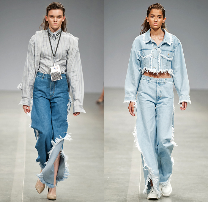 Ksenia Schnaider 2019 Spring Summer Womens Runway Catwalk Looks Collection - Ukrainian Fashion Week Kiev Ukraine UFW - Cargo Utility Pockets Denim Jeans Jorts Cutoffs Frayed Destroyed Inside Out Vest Bomber Jacket Dress Crop Top Midriff Strapless Pencil Skirt Patchwork Wide Leg Slit Hem Jogger Sweatpants Belt Tropical Palm Trees Coconut Beach Island Print Graphic Leopard Shaggy Plastic Raincoat Shirtdress Knot Blouse Sweater Miniskirt Dolphin Hem Sandals