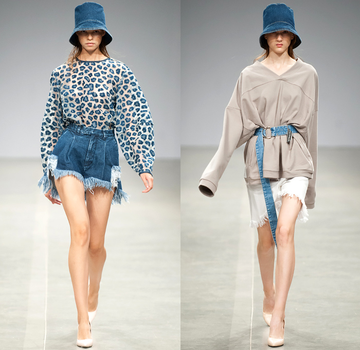 Ksenia Schnaider 2019 Spring Summer Womens Runway Catwalk Looks Collection - Ukrainian Fashion Week Kiev Ukraine UFW - Cargo Utility Pockets Denim Jeans Jorts Cutoffs Frayed Destroyed Inside Out Vest Bomber Jacket Dress Crop Top Midriff Strapless Pencil Skirt Patchwork Wide Leg Slit Hem Jogger Sweatpants Belt Tropical Palm Trees Coconut Beach Island Print Graphic Leopard Shaggy Plastic Raincoat Shirtdress Knot Blouse Sweater Miniskirt Dolphin Hem Sandals