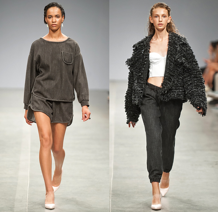 Ksenia Schnaider 2019 Spring Summer Womens Runway Catwalk Looks Collection - Ukrainian Fashion Week Kiev Ukraine UFW - Cargo Utility Pockets Denim Jeans Jorts Cutoffs Frayed Destroyed Inside Out Vest Bomber Jacket Dress Crop Top Midriff Strapless Pencil Skirt Patchwork Wide Leg Slit Hem Jogger Sweatpants Belt Tropical Palm Trees Coconut Beach Island Print Graphic Leopard Shaggy Plastic Raincoat Shirtdress Knot Blouse Sweater Miniskirt Dolphin Hem Sandals