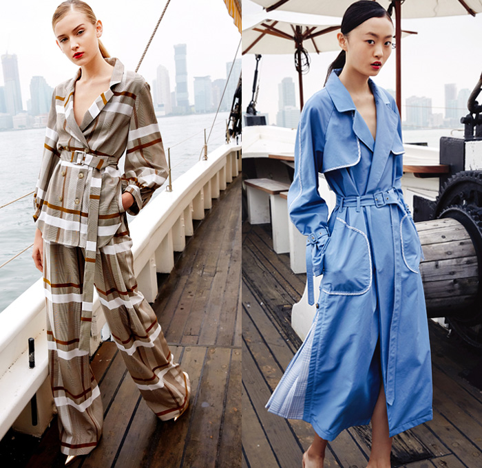 Lela Rose 2019 Spring Summer Womens Lookbook Presentation - New York Fashion Week NYFW -  Sailing Headscarf Blazer Pantsuit Gingham Check Plaid Shorts Flowers Floral Loungewear Wide Leg Palazzo Pants Trench Coat Halterneck Top Pinafore Maxi Dress Bold Stripes Accordion Pleats Split Half Vines Lace Broderie Anglaise Cutwork Macramé Embroidery Decorated Strapless Sheer Chiffon Capelet Pellegrina Gown Eveningwear